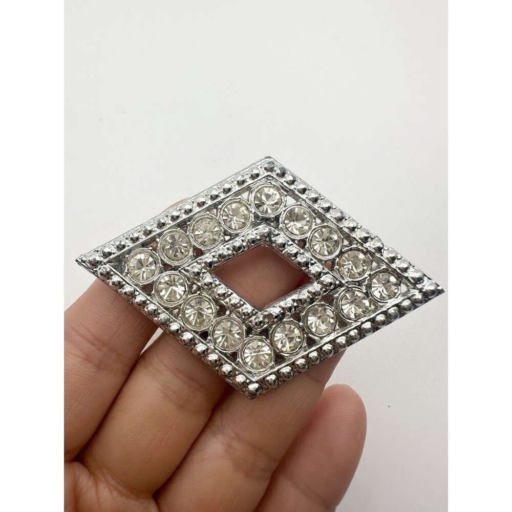 Antique Pot Metal Rhinestone Diamond Shape Brooch
